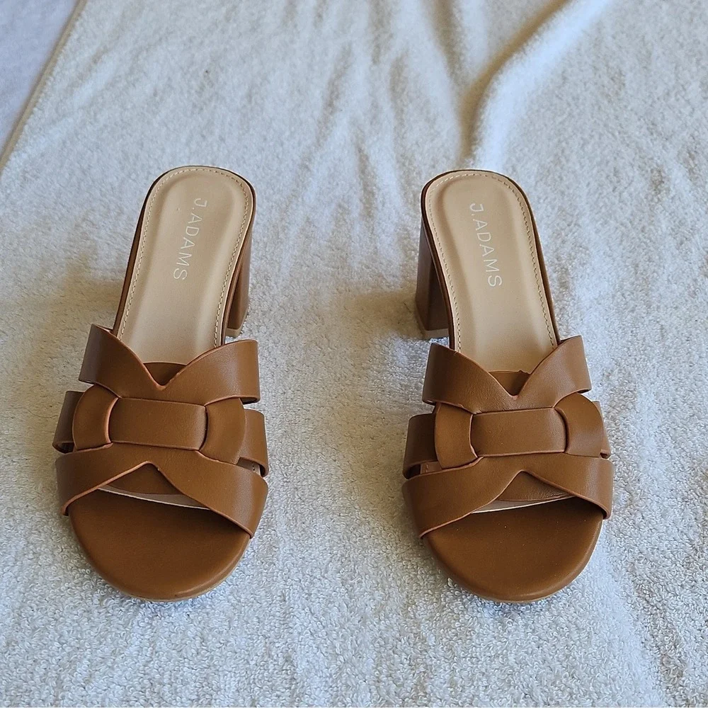 J. Adams Tan PU‎ Strappy Block Heel Mule Open Toe Slip On Size 5.5